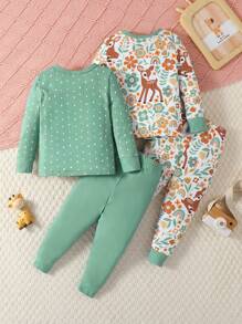 2 件装女婴简约鹿印花长袖上衣和紧身打底裤睡衣套装，贴身合体 - 綠色 - 查看 2