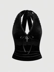 ROMWE Gothic Style Lace & Velvet Bodycon Halter Top, Plus Size, For Summer - Black - View 1