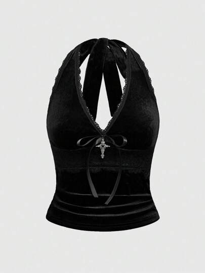 Goth Top aderente con scollo alla halter in pizzo e velluto, stile gotico, taglie comode, per l'estate