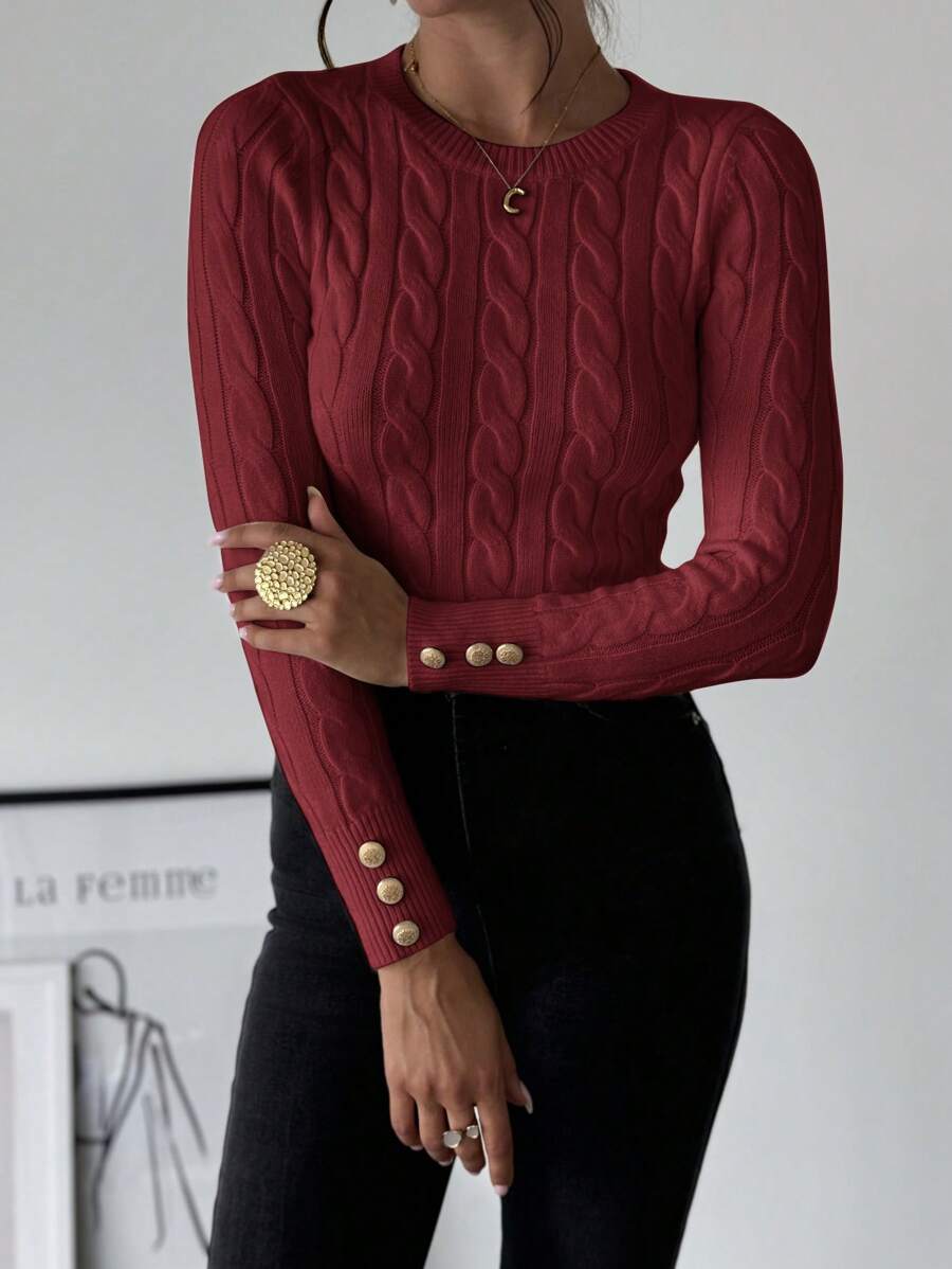 Firerie 女士简约优雅休闲学院风百搭罗纹圆领纽扣装饰修身毛衣 - 酒紅色 - 查看 1