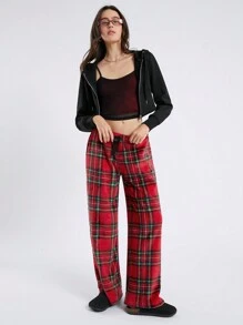 SHEIN EZwear 女式系腰阔腿格纹印花梭织宽腿裤 - 彩色 - 查看 6