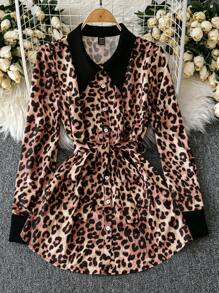 SHEIN Clasi Camisa tejida con cuello, estampado de leopardo y parches, de manga larga para mujeres