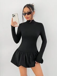 SHEIN PETITE Váy xòe tay dài ôm cổ cao cho nữ Váy xòe đèn lồng phù hợp cho mùa thu đông - màu đen - Xem 1