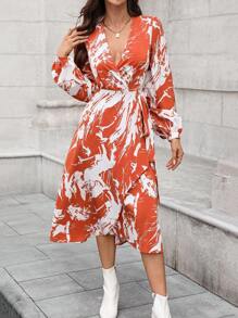SHEIN Clasi Vestido casual de manga larga con estampado y cinturón anudado para mujer, para uso diario