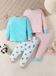SHEIN 4pcs Baby/Toddler Girls Snug Fit Panda Striped Pattern Long Sleeve Bodysuit & Leggings Sleepwear Set - Multicolor - View 2