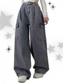 DAZY Women's Wide Leg Loose Casual Distressed Cargo Denim Jeans - Grey - View 7