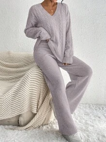 Chiquease 2pcs/Set Solid V-Neck Cable Pattern Long Sleeve Pullover Sweater And Long Underwear, Casual - Dusty Purple - View 7