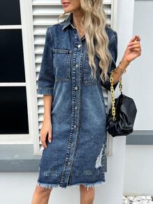 Ripped Fringe Hem Long Denim Jacket - Medium Wash - View 4