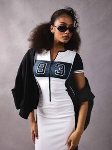 Athîral Letter Print Quarter Zip Thanksgiving Dress Women's Clothing - Blue - View 1