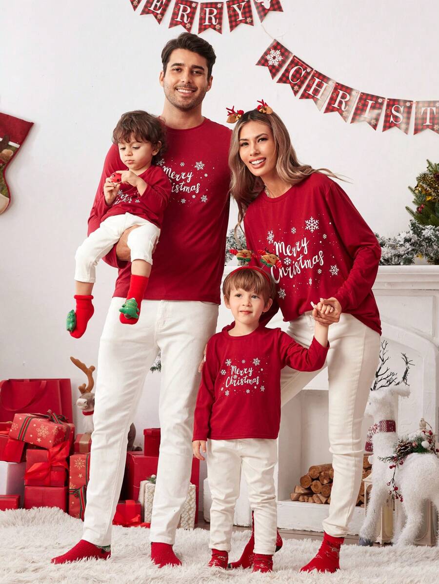 SHEIN Baby Boy/Girl Christmas Snowflake Cute Cartoon Print Red Long Sleeve Top