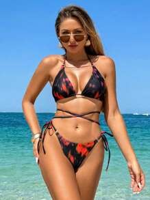 Conjunto de 3 piezas de traje de baño para mujer: traje de baño sexy con estampado de teñido anudado y falda maxi de playa de verano