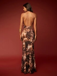 Opulessa Christmas Fancy Party Outfits,SEXY Outfits,Brown Tie-Dye Mesh, Autumn And Winter Vacation Knit Mesh Printed Draped Neck Backless Mermaid Dress For Women, Dress - Brown - View 2