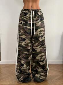 SHEIN EZwear Women's Fall Daily Wear Athleisure Game Day Rapper Contrast Tape Camo Wide Leg Sweatpants - Multicolor - View 2