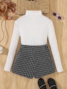 SHEIN 少女 2 件/套 优雅复古通勤/白色针织高领打底修身长袖 T 恤和粗花呢裹身纽扣前裙裤 - 黑與白 - 查看 2
