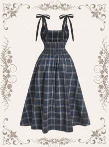 SHEIN MOD Plus Size Green Retro Plaid Dress With Bow Shoulder Strap - Royal Blue - View 2