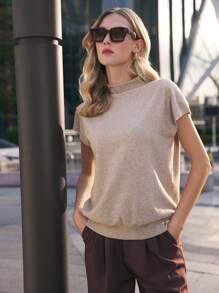 BizChic Women's Casual Solid Color Stand Collar Short Sleeve Knit Top, Autumn - Grey - View 3