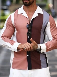 Manfinity Homme 1pc Men's Long Sleeve Front Button Striped Minimalist Color Block Shirt, Casual For Everyday Wear ,Men's Mature Casual Khaki-Brown Coffee-Colored Vertical Striped Contrast Long-Sleeve Shirt ,Button Up Shirt, For Going Out, Husband