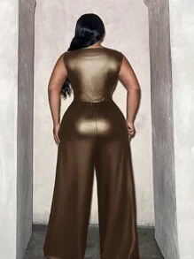 Slaydiva 优雅、派对、聚会、约会 性感修身纯黑色无袖深 V 腰褶皱阔腿长款连体裤 大码女士，春秋 - 棕色 - 查看 2