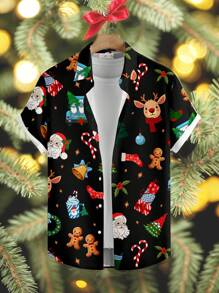 Manfinity Homme Koszula męska w dużym rozmiarze, na co dzień, z nadrukiem Świętego Mikołaja, z krótkim rękawem i guzikami z przodu, w stylu świątecznym