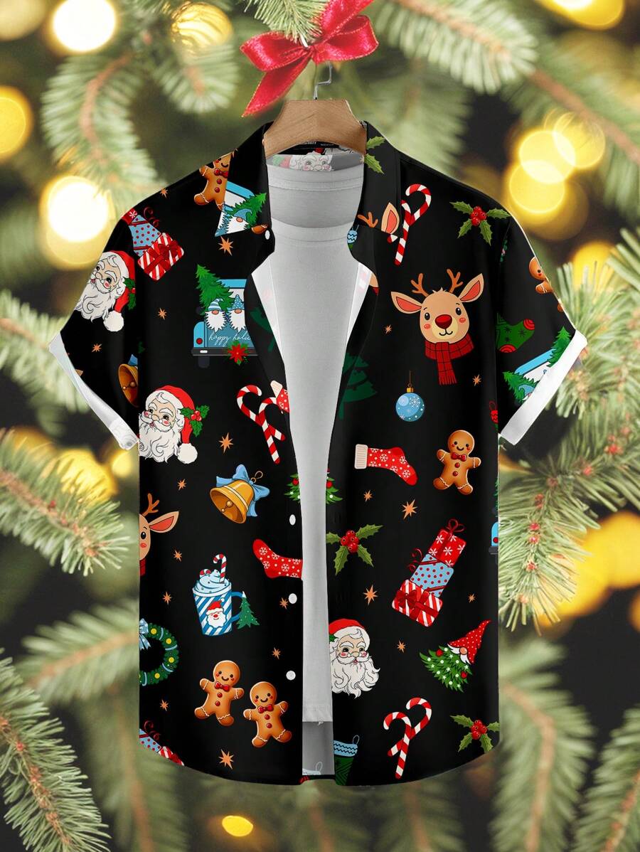 Manfinity Homme Koszula męska w dużym rozmiarze, na co dzień, z nadrukiem Świętego Mikołaja, z krótkim rękawem i guzikami z przodu, w stylu świątecznym