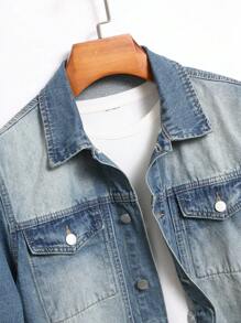 Manfinity Homme Chaqueta informal de mezclilla de manga larga y un solo abotonado con bolsillo para hombre en otoño - Azul lavado medio - Ver 3