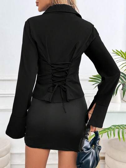 INAWLY Women's Solid Color Front Button Lace Up Elegant Office Wear Long Sleeve Shirt Fall Cloth For Women