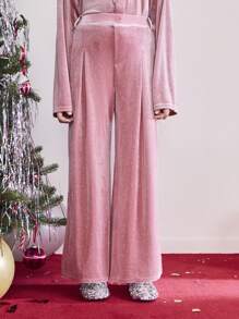 SHEIN Tween 女童优雅休闲宽松褶皱水钻天鹅绒喇叭裤，适合秋冬季圣诞节、新年派对 - 粉色 - 查看 1