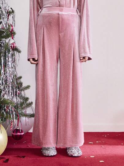 SHEIN Pantalones acampanados de terciopelo con pliegues sueltos y elegantes, con brillantes de niña preadolescente para fiestas de Navidad y Año Nuevo en otoño/invierno