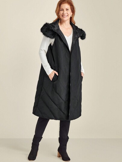 SHEIN Clasi Plus Size Solid Zip Up Front Sleeveless Fluffy Patchwork Casual Hooded Coat For Winter Clothes
