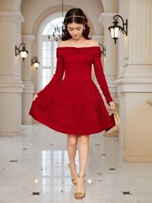 1 pezzo Abito lungo a maniche lunghe e spalle scoperte per ragazze giovani/adolescenti, design dolce ed elegante, adatto per l'autunno, per Natale - Bordò - Visualizzare 5