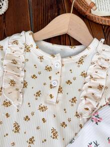 SHEIN 2 Stücke Baby Mädchen Herbst/Winter Lässige bequeme elegante französische Blumen Rüschen Romper Set, hochwertig effektives Outfit, hautfreundlicher weicher Stoff