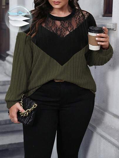 Easura Plus Size Lace Patchwork Color Block Drop Shoulder Sweatshirt, för Thanksgiving