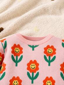 Colorful Dopamine Floral Intarsia Sweater And Knitted Pants 2-Piece Outfit For Baby Girl, Showcases A Vibrant And Lively Style