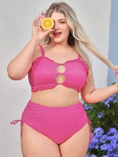 Swim Mod 大码泳衣，两件套，紫红色系带短裤，带侧抽绳，夏季