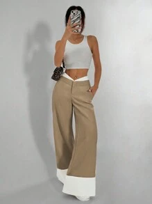 SHEIN Unity 女士宽松阔腿高端设计口袋长裤 - 棕色 - 查看 4