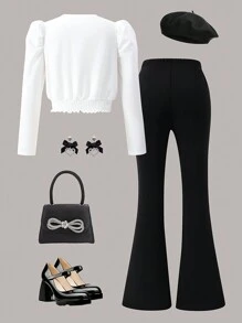 SHEIN Conjunto de blusa de cuello en V con moño y pantalones rectos de unicolor para niña preadolescente, de moda y divertido, adecuado para todas las estaciones - Blanco y Negro - Ver 2