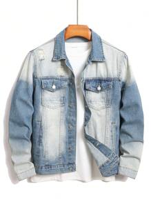Manfinity LEGND Men's Casual Washed Button Up Denim Jacket, Suitable For Autumn Daily Outings, For Vacation