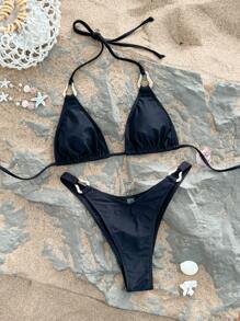 Triangle Cup Backless Spaghetti Strap Women Swimwear Set Summer - Black - View 7