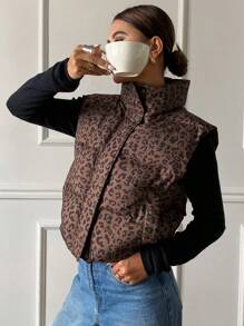 DAZY 女士豹纹印花拉链前背心绗缝夹克，冬季女装，女士冬季外套 - 咖啡棕 - 查看 4