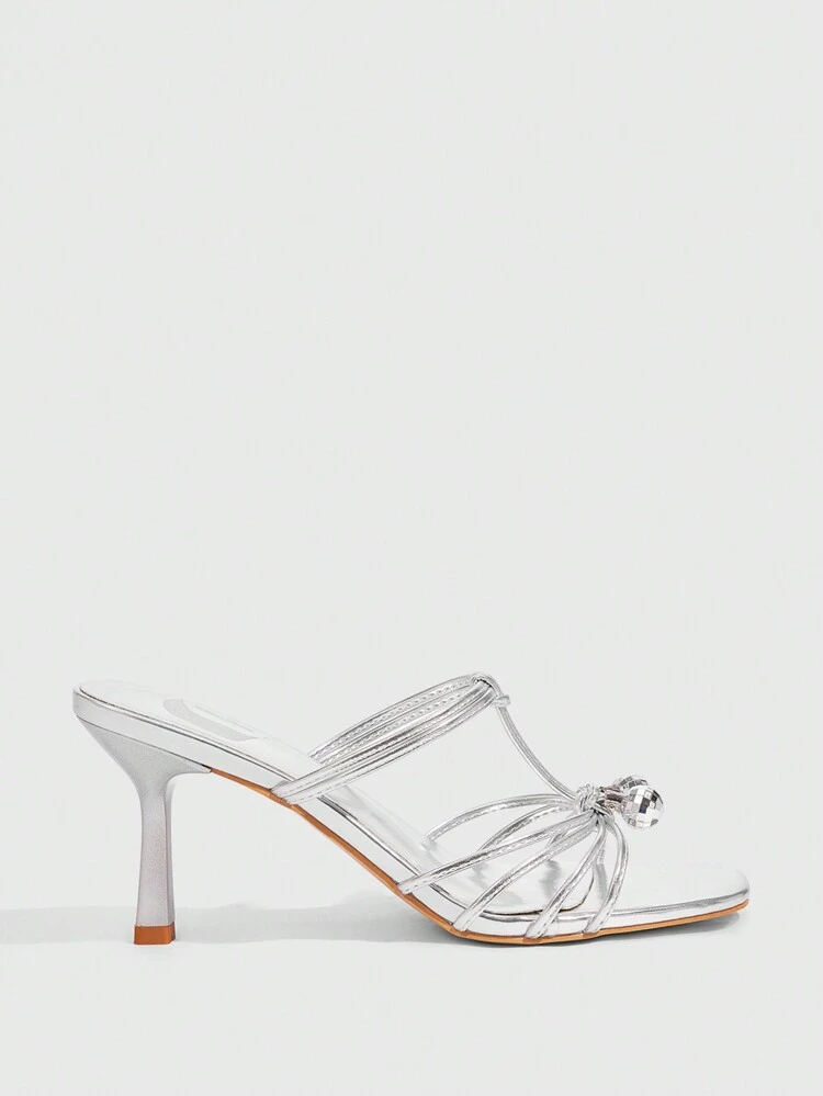CUCCOO SZL Square Toe High Heel Silver Mule Sandals For Women
