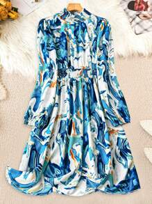SHEIN LUNE Vestido elegante de manga farol con cintura recogida e impresión de mármol para mujer de talla grande, otoño