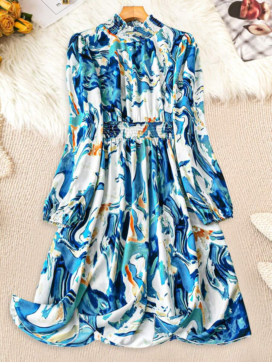 SHEIN LUNE Vestido elegante de manga farol con cintura recogida e impresión de mármol para mujer de talla grande, otoño