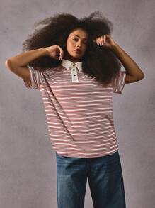 Athîral Women's Striped Printed Button Casual Versatile Short Sleeve Top - Burgundy - View 6