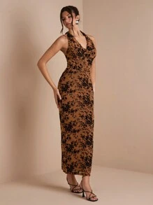 SHEIN BAE Đầm hở lưng xếp nếp không tay họa tiết hoa cho nữ - màu nâu - Xem 5