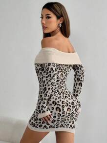 SHEIN Unity 1pc Sexy Leopard Print Off Shoulder Sweater Dress Fall Cloth For Women - Multicolor - View 2