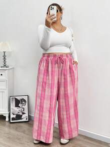 SHEIN CURVE+ Quần ống đứng cạp chun kẻ caro cho nữ, mùa thu/đông, cỡ lớn - Nhiều màu - Xem 6