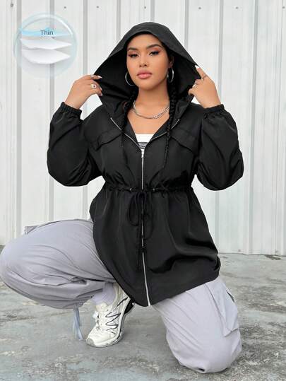 SHEIN EZwear Women's Plus Size Hooded Jacket With Drawstring Waist Winter Fall Autumn