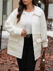 SHEIN Frenchy Plus Size Women's Winter Solid Color Drop Shoulder Long Sleeve Patchwork Fleece Casual Padded Coat - Apricot - View 4