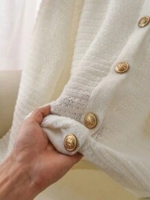 SHEIN Frenchy Áo len cardigan dáng rộng đơn hàng cỡ lớn cho nữ tay dài màu trơn, đơn hàng khuy, mùa thu/đông - Màu be - Xem 5