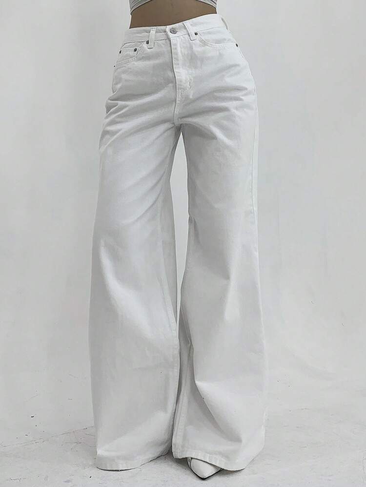 Women's Solid Color Front Button Pocket Casual Loose Wide Leg Jeans